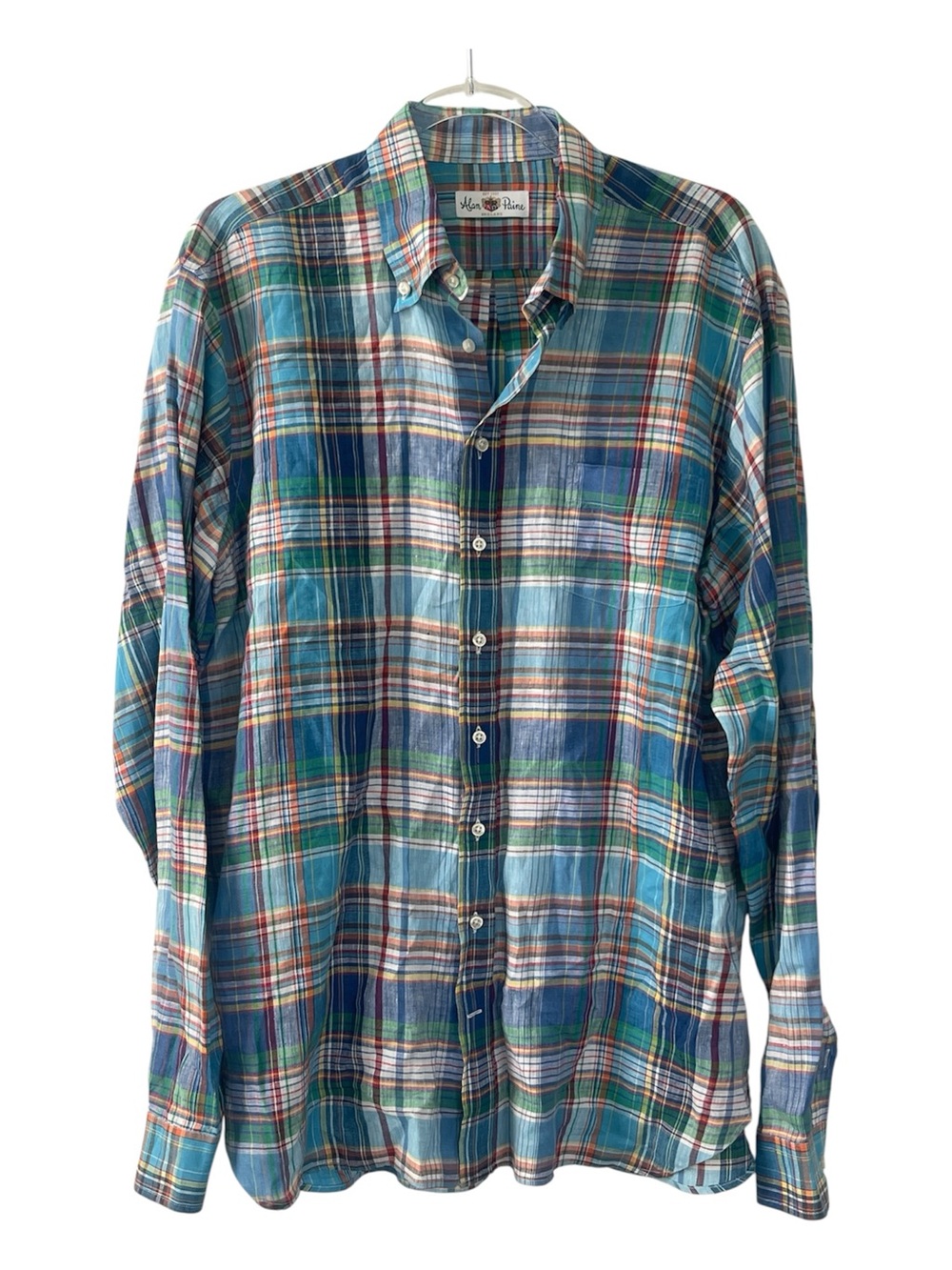 Alan Paine Long Sleeve Blue Red Plaid 100% Linen Shirt Preppy Luxury Large